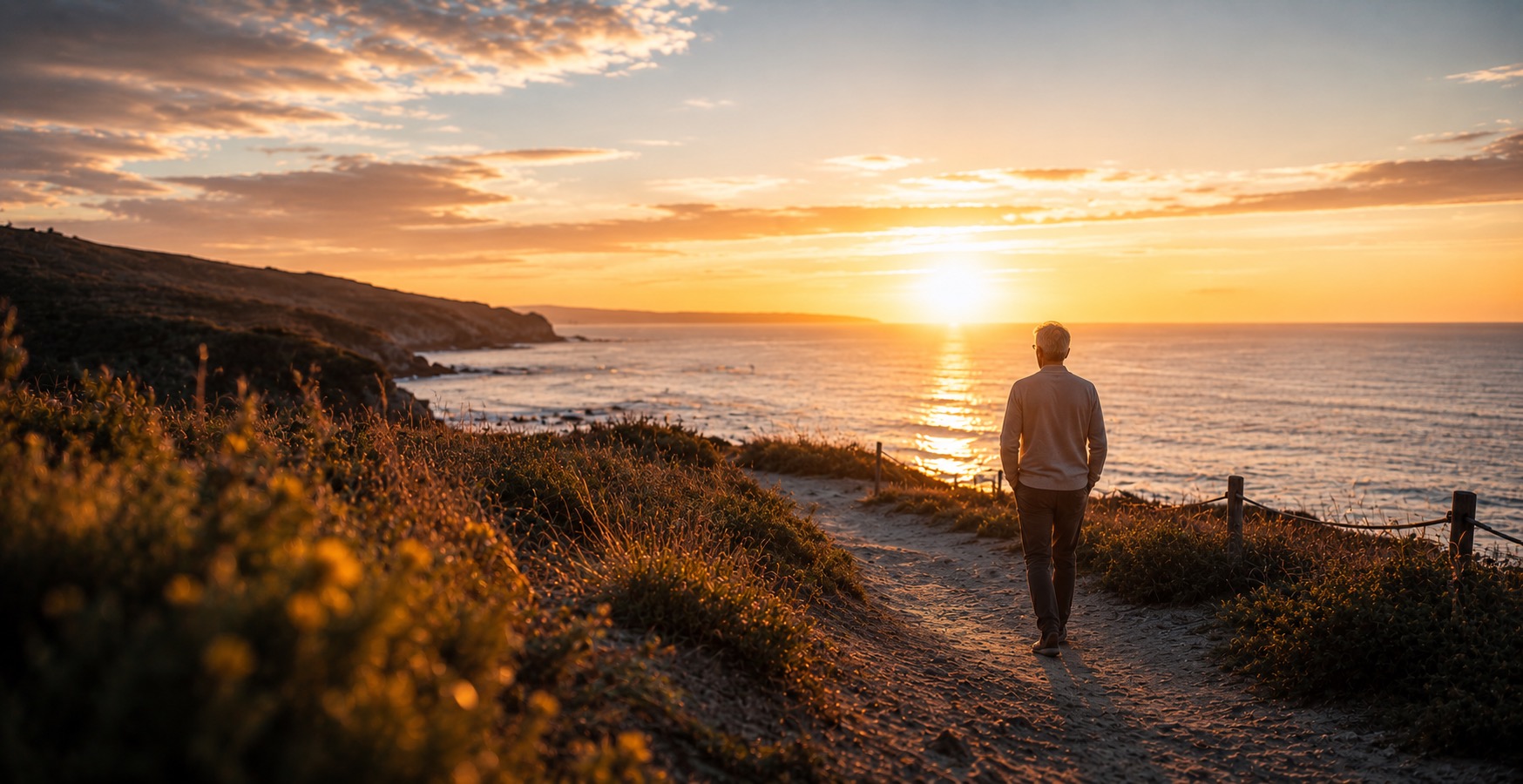 Mensch geht bei Sonnenuntergang am Meer entlang